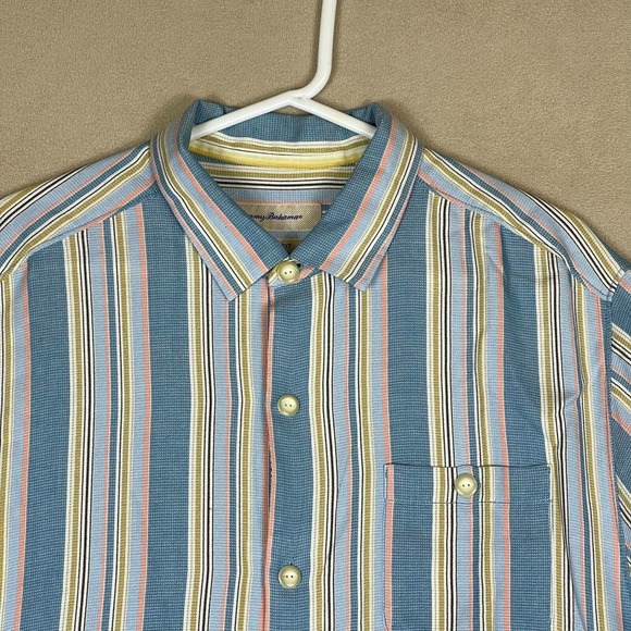 Tommy Bahama Button Up Shirt Adult Large Blue Striped Hawaiian Beach Silk Mens - Picture 2 of 10